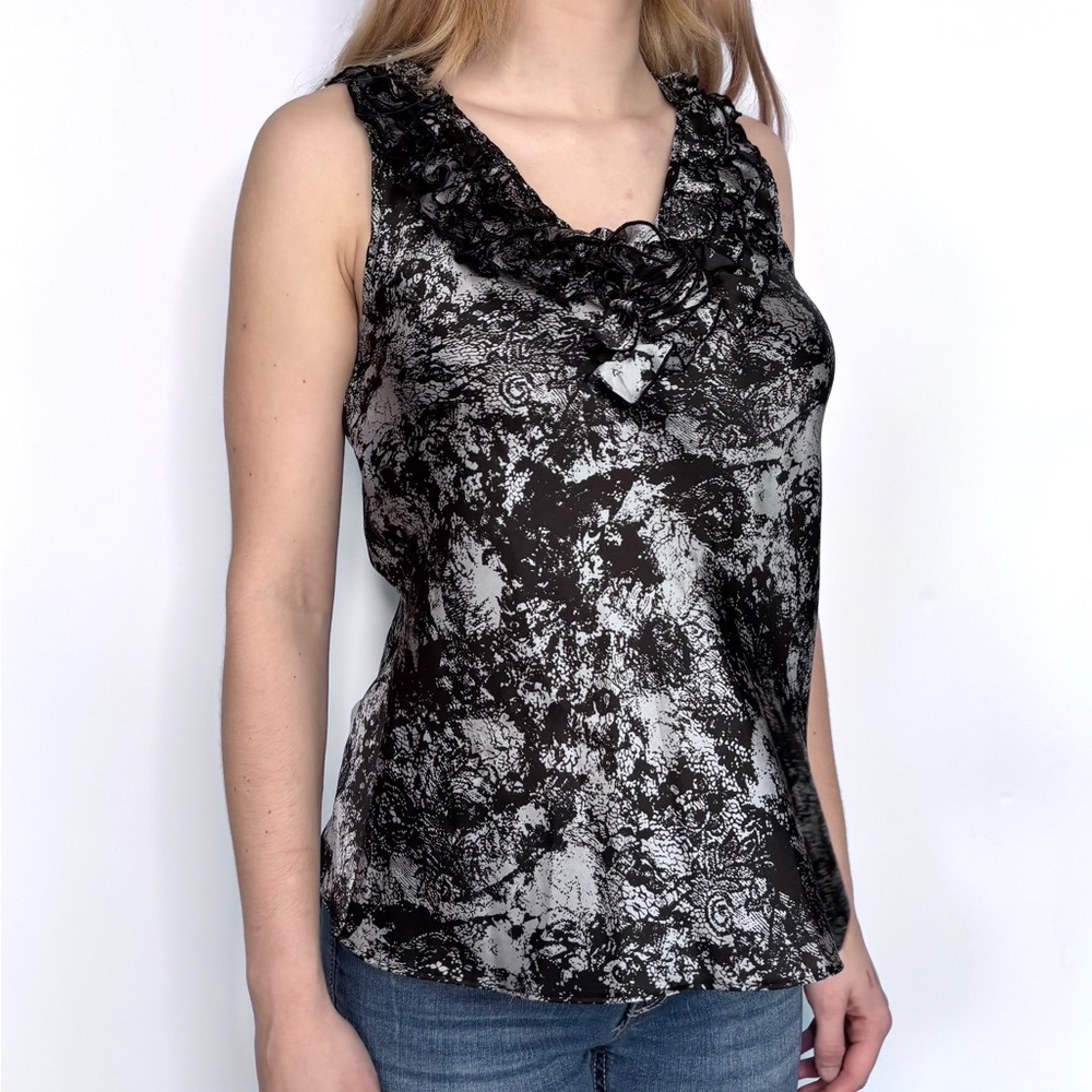 Y2K Whismigoth Dark Romantic Sheer Black Abstract Floral Ruffle Tank Size Small